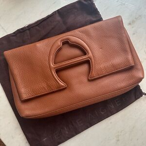 Etienne Aigner Brown Pebbled Leather Wristlet with Fold-Over Design